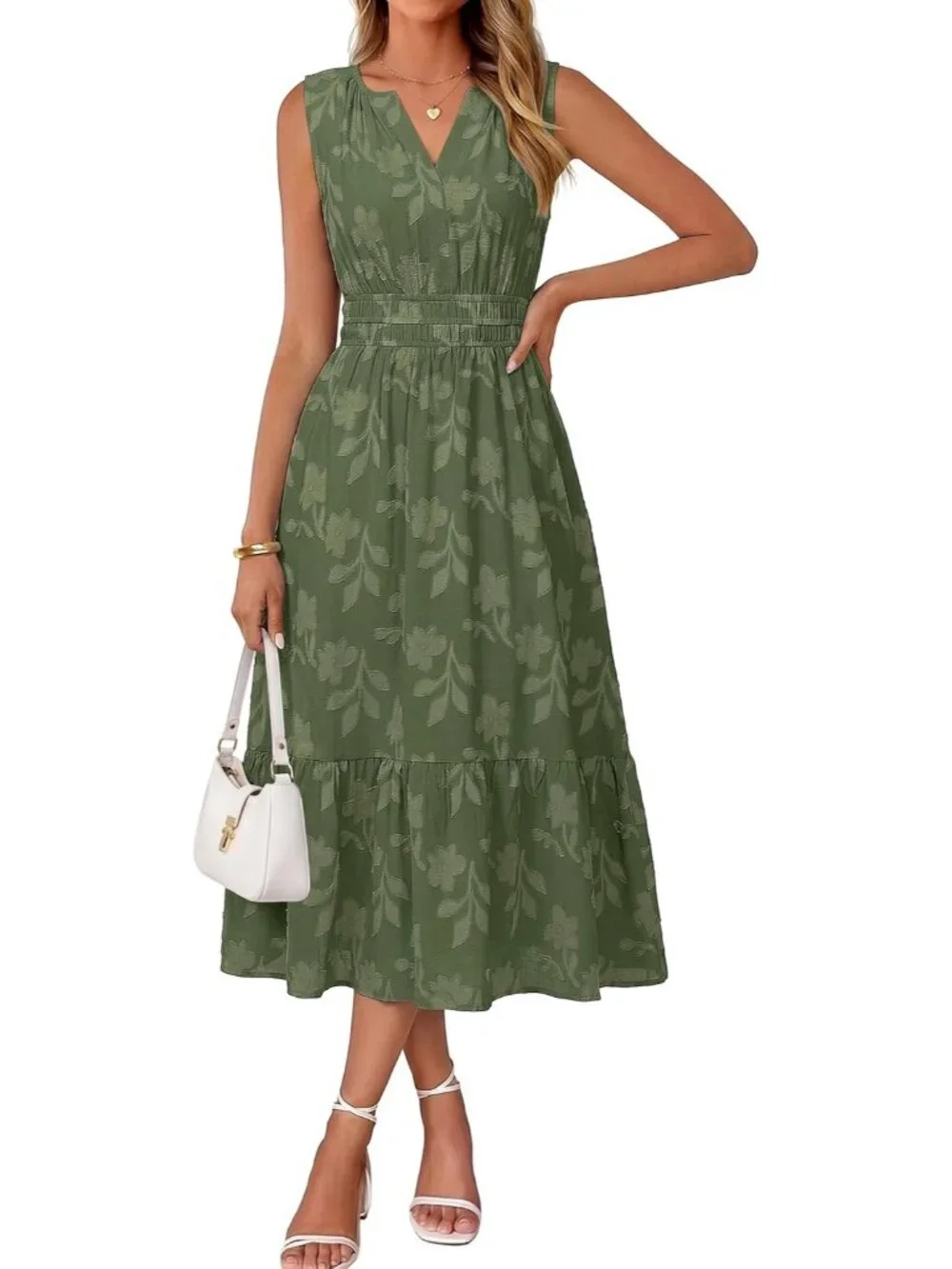 Women's Army Green Sleeveless V Neck A LINE Floral Casual Imported Maxi Dress - Picture 1 of 7